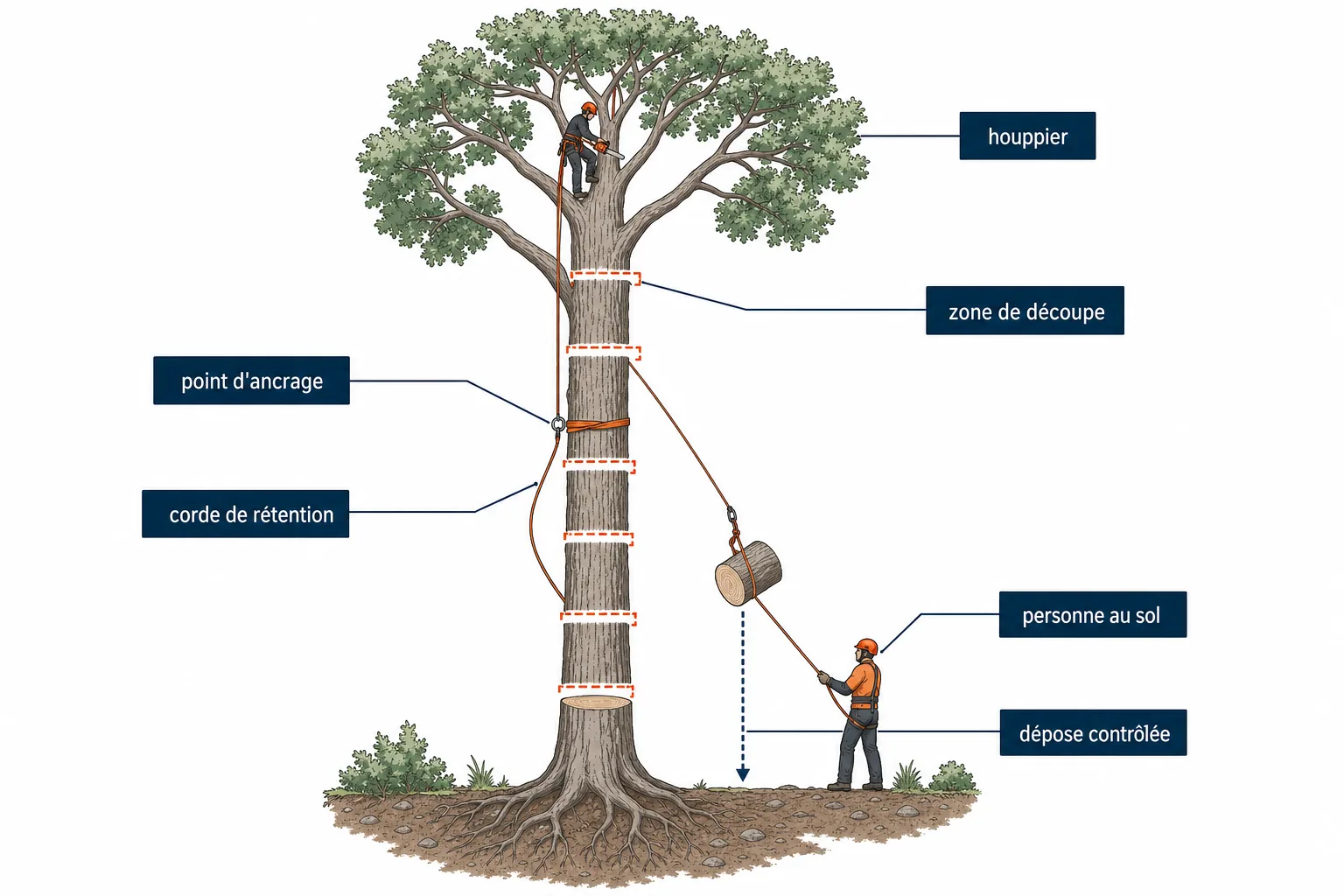 Schéma montrant un grimpeur découpant un arbre par sections retenues par corde jusqu'au sol