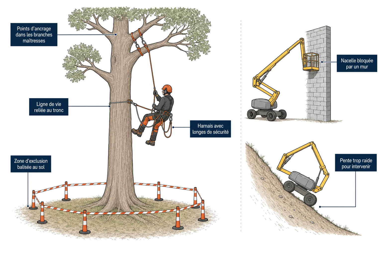 Comparaison entre une intervention à la corde dans un arbre et une nacelle bloquée par un accès trop étroit