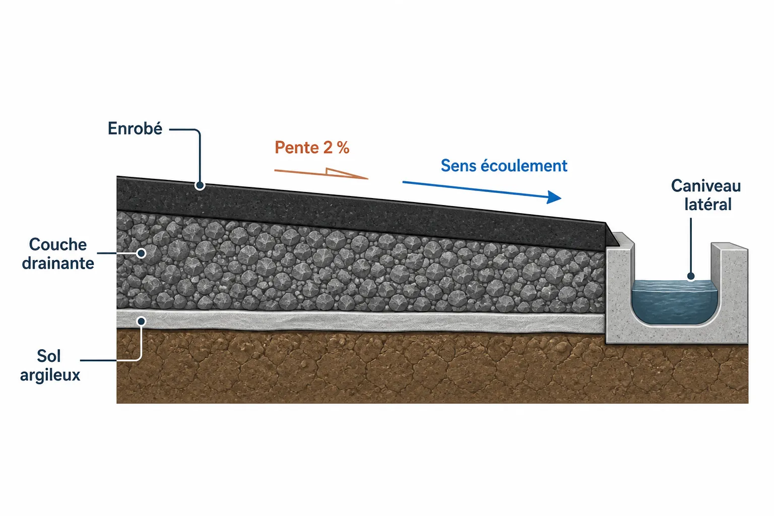 Drainage allée : pente minimale et évacuation en Drôme