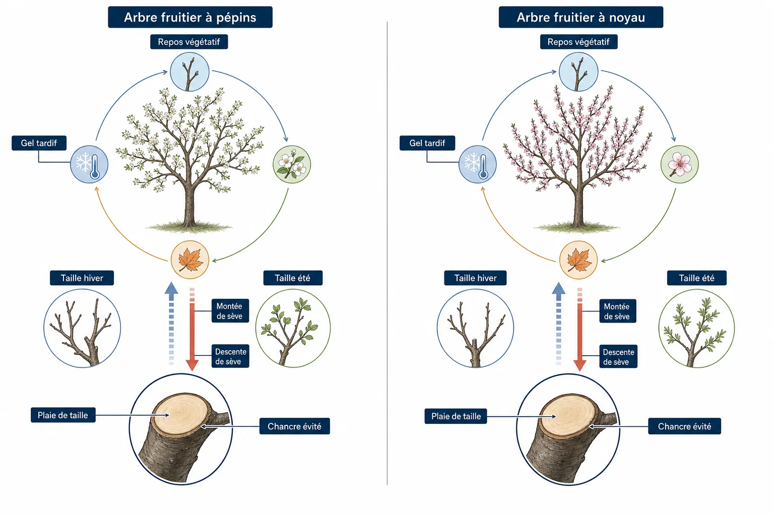 Comparatif illustré des périodes de taille entre arbres fruitiers à pépins et arbres fruitiers à noyau dans la vallée du Rhône