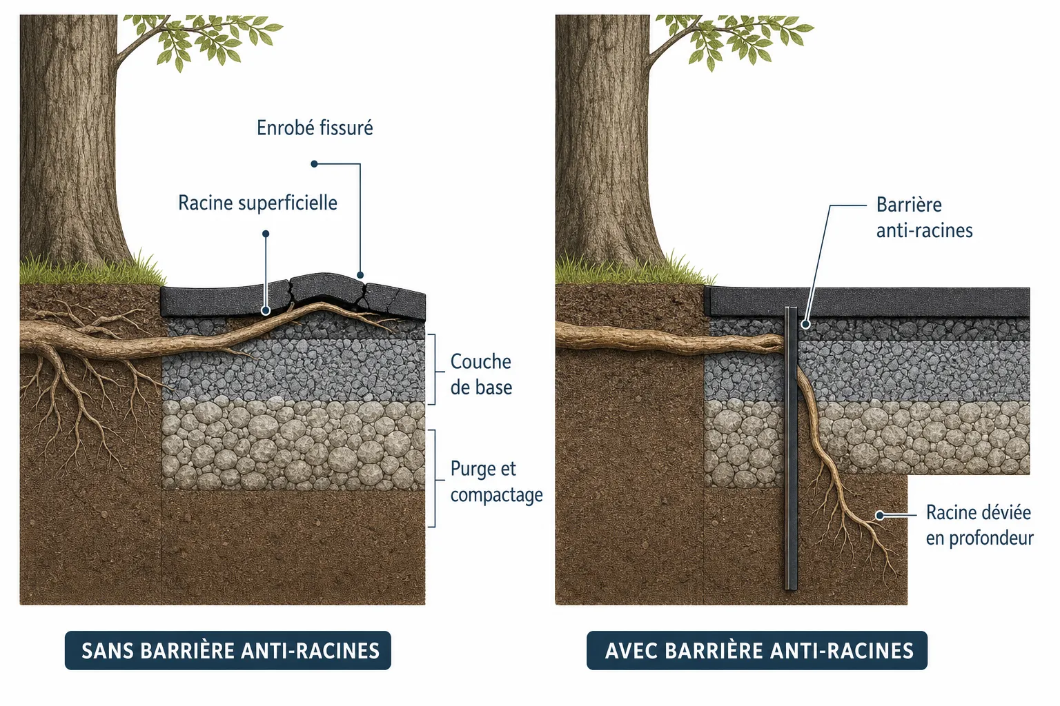 Racines et bitume : éviter les dégâts sous une allée