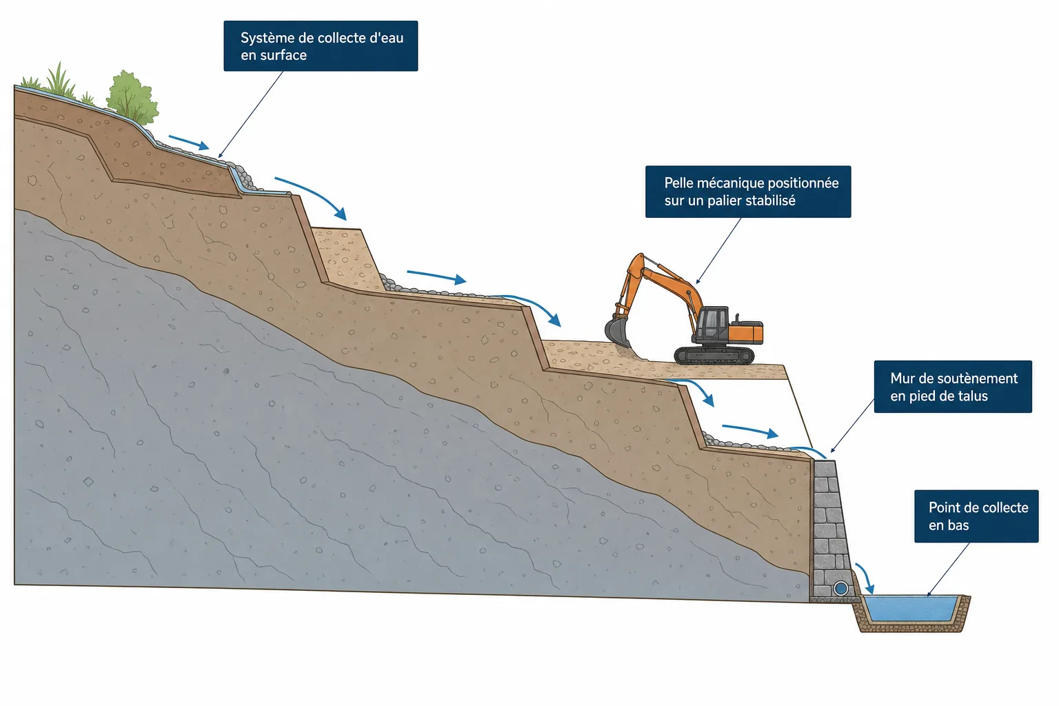 Coupe d'un terrain en pente montrant les paliers, le mur de soutènement et la gestion de l'eau de ruissellement pendant le terrassement.